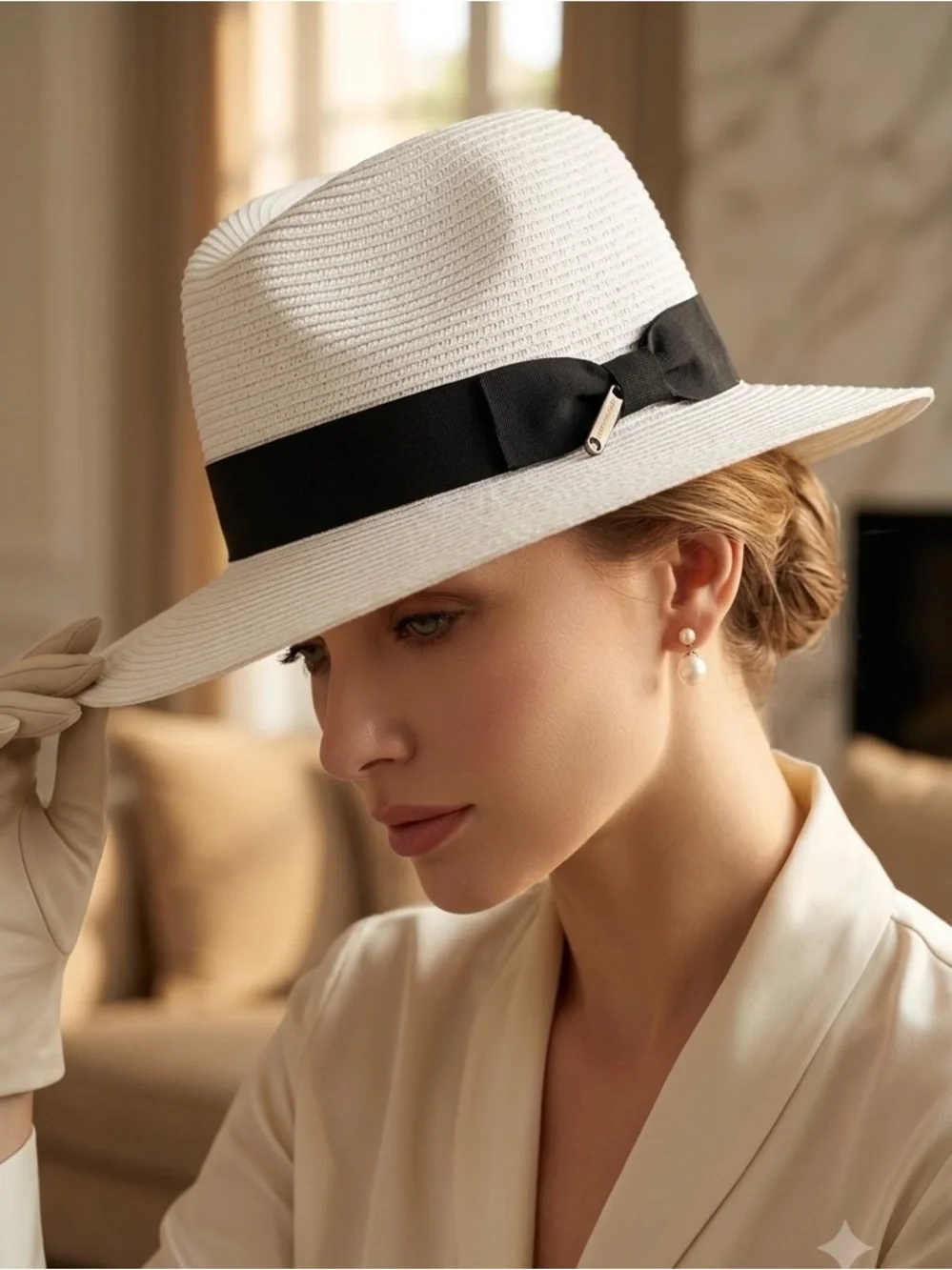 Straw Fedora Sun Hat with Black Ribbon Accent - Excellent Condition